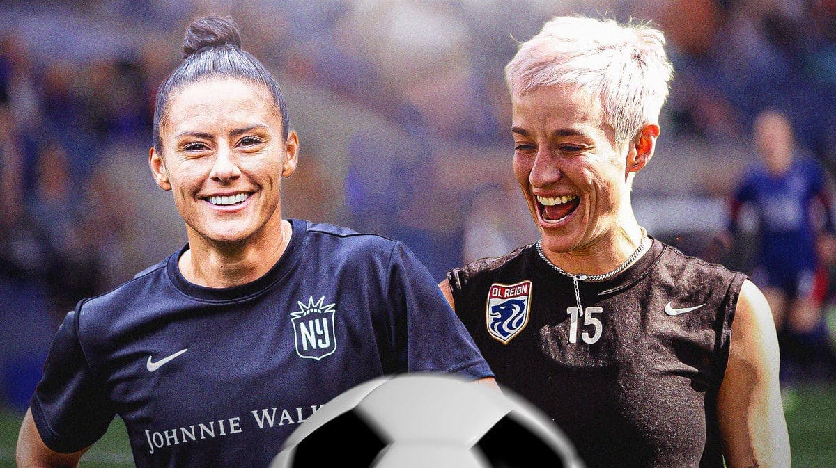 NWSL players Ali Krieger and Megan Rapinoe on a soccer field, both looking happy before their last NWSL Championship game before retirement