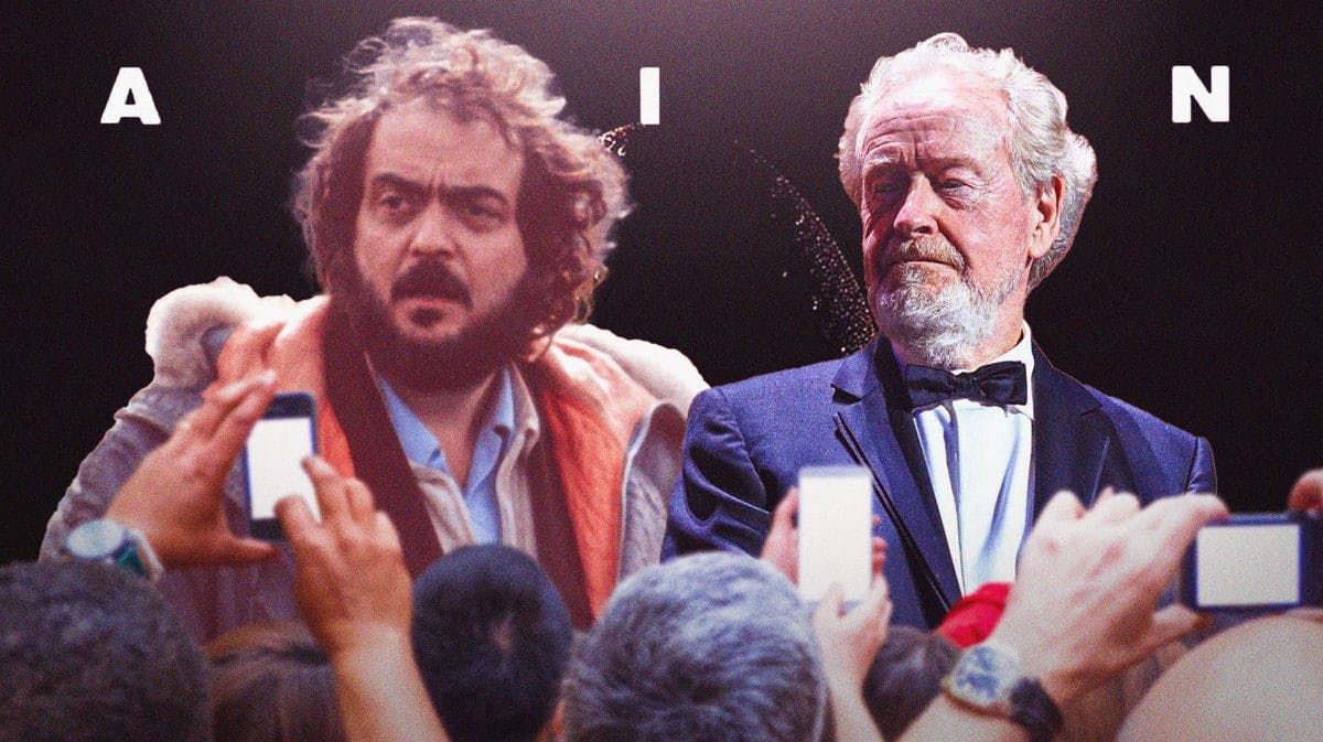 Stanley Kubrick and Ridley Scott in front of Alien poster.