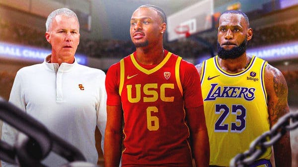USC basketball head coach Andy Enfield with Bronny James (USC basketball) and LeBron James of the Lakers