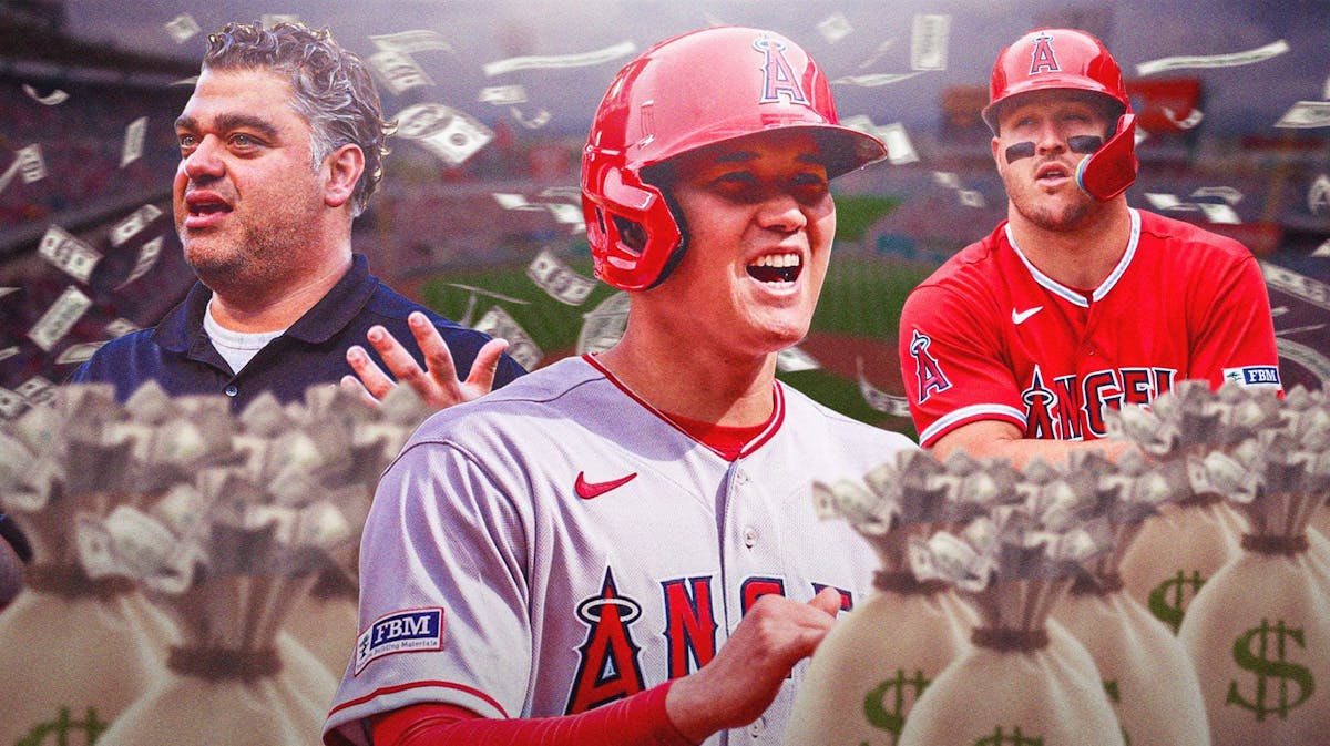 Perry Minasian and Angels' Mike Trout carrying buckets full of cash, with Shohei Ohtani in the middle, smiling, Angels Stadium of Anaheim background