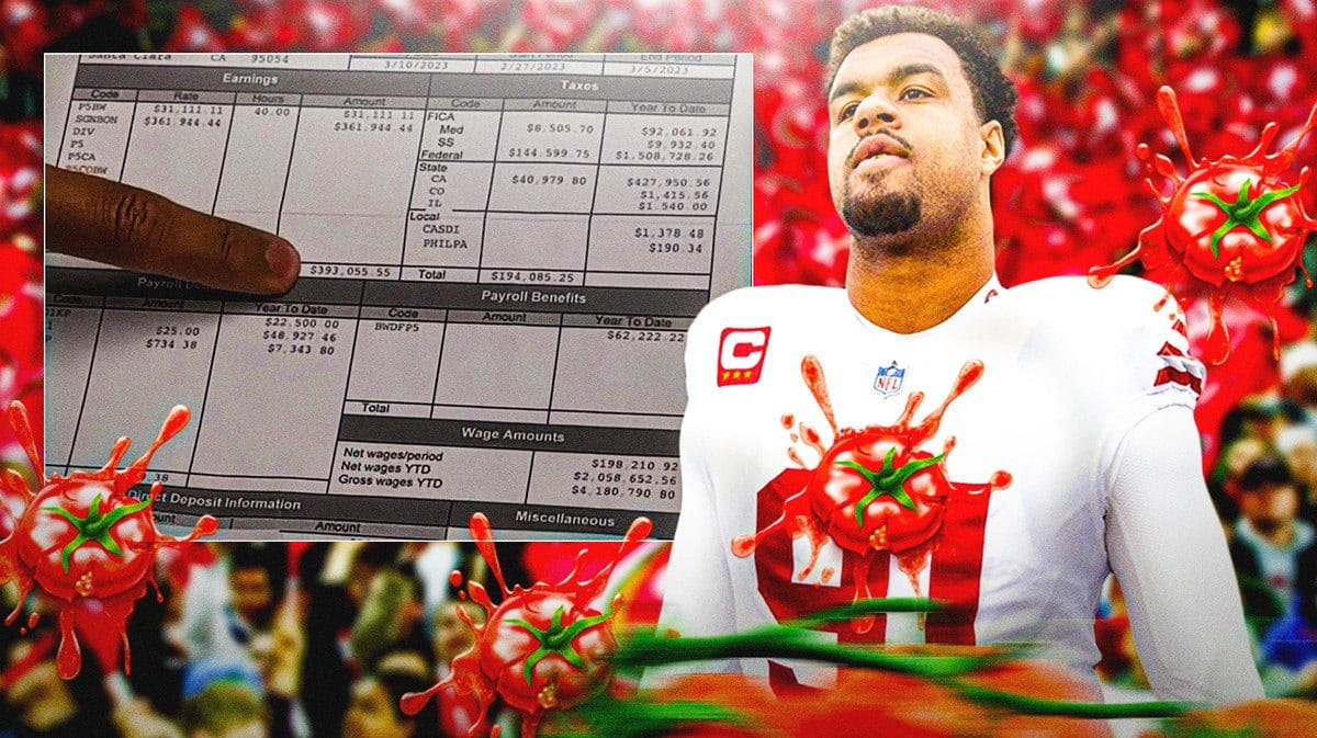 Arik Armstead being thrown tomatoes by 49ers fans. Add screenshot attached as insert.