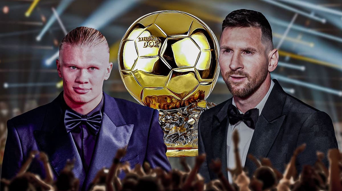 Erling Haaland and Lionel Messi in front of the Ballon d’Or