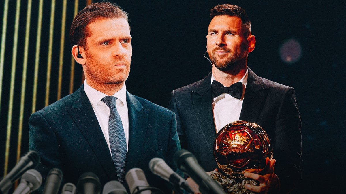 Jerome Rothen looking at Lionel Messi holding the Ballon d’Or