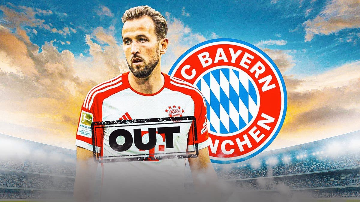 Harry Kane looking down/sad in front of the Bayern Munich logo, there is an ‘OUT’ stamp in front of him