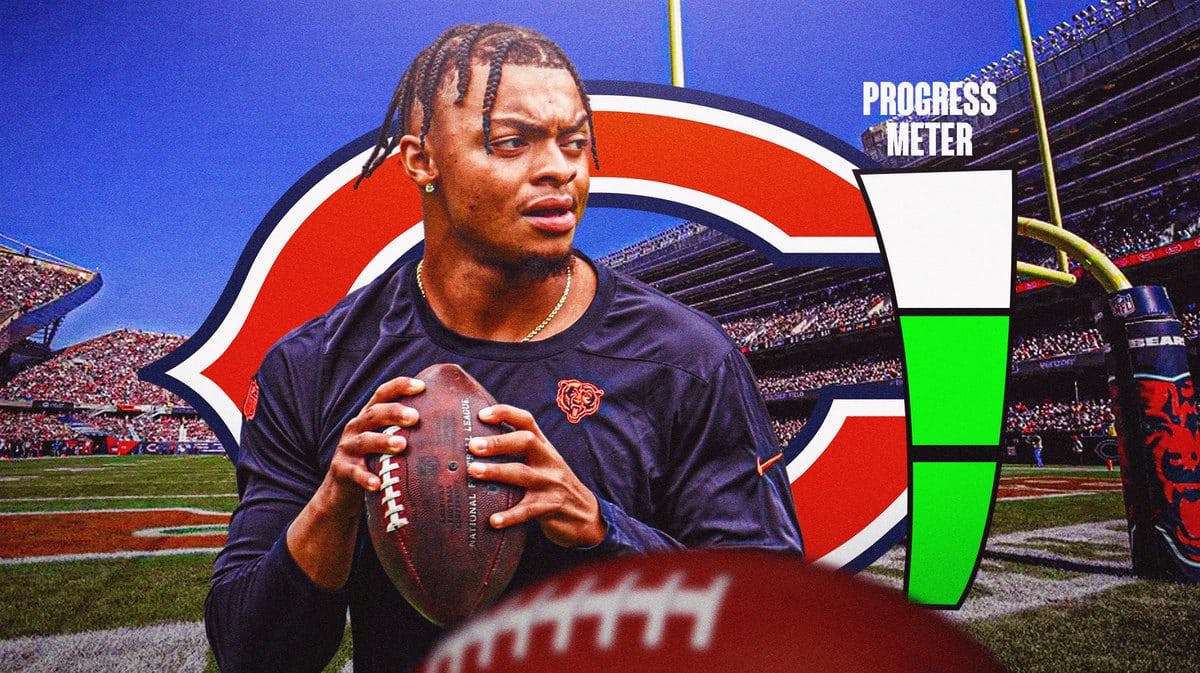 Bears' Justin Fields next to a partly full progress meter