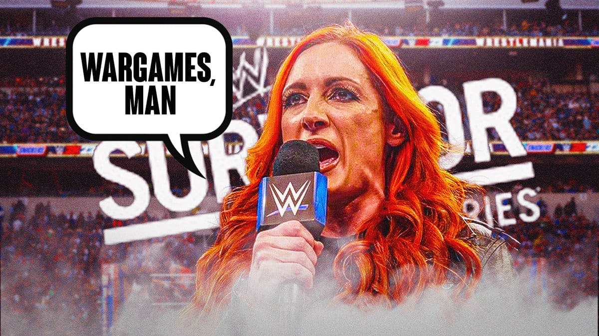 Becky Lynch with a text bubble reading “WarGames, man” in front of the 2023 Survivor Series logo.