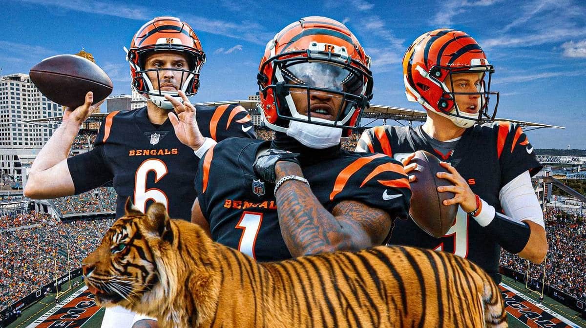 Bengals' Ja’Marr Chase hyped up, with Joe Burrow looking worried and Jake Browning throwing a football