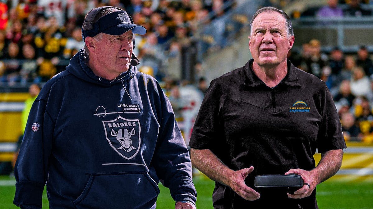 Bill Belichick in Raiders and Chargers gear as the coach could be at the center of a Patriots trade this offseason.