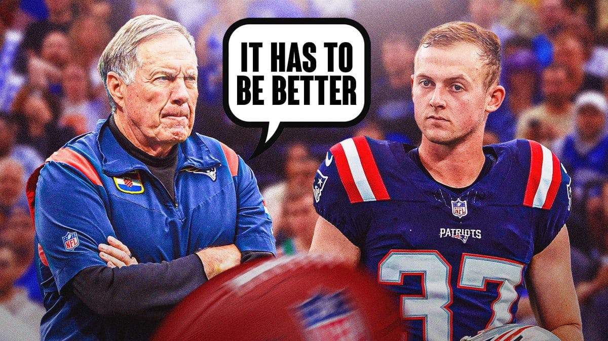 Bill Belichick next to Chad Ryland in a Patriots jersey Caption bubble from Belichick saying “It has to be better”