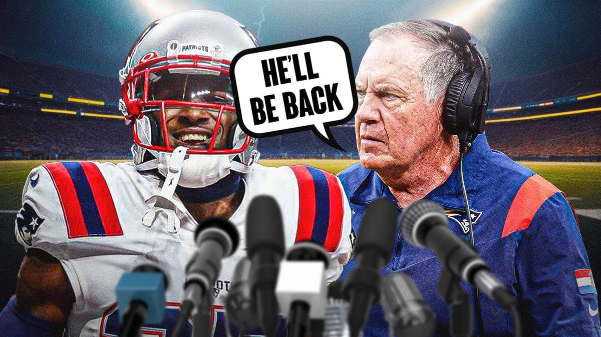 J.C. Jackson with Patriots coach Bill Belichick with quote bubble saying "He'll be back."