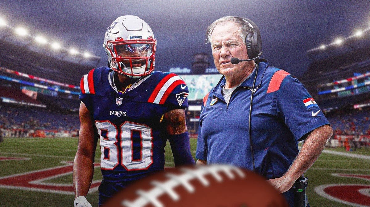 Kayshon Boutte and Bill Belichick looking at each other.
