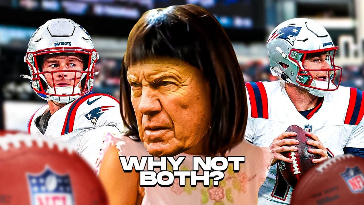 Bill Belichick as the "why not both" meme, Mac Jones and Bailey Zappe