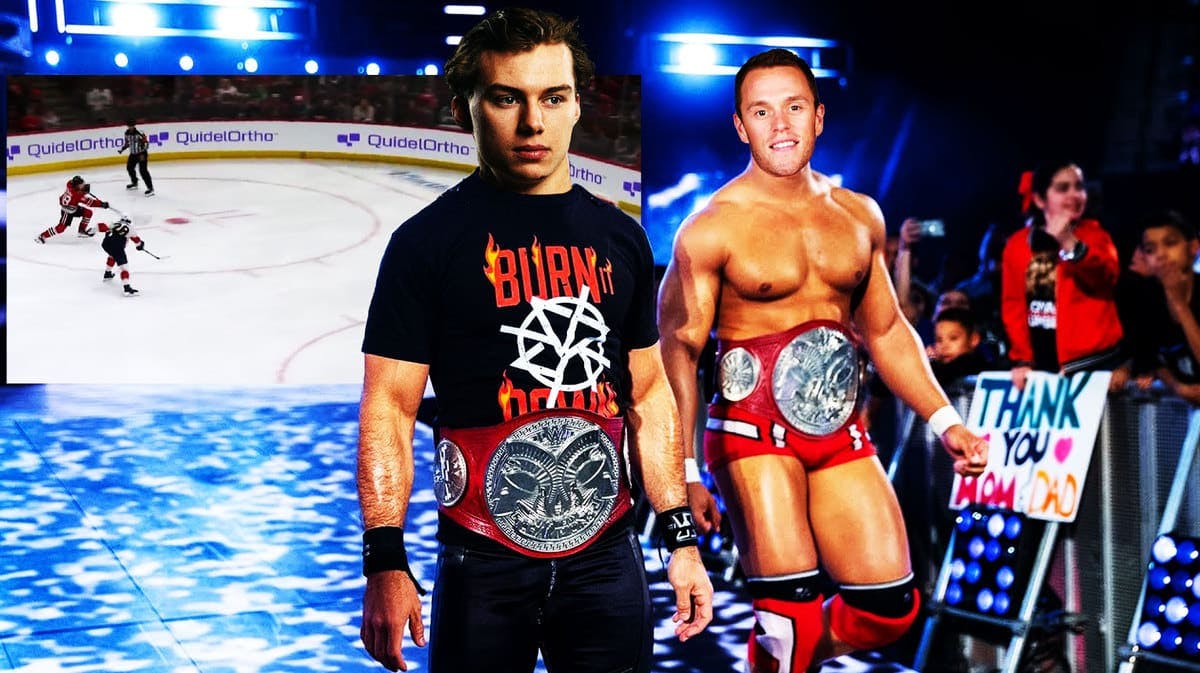 Conor Bedard of the Blackhawks and Jonathan Toews as wrestlers