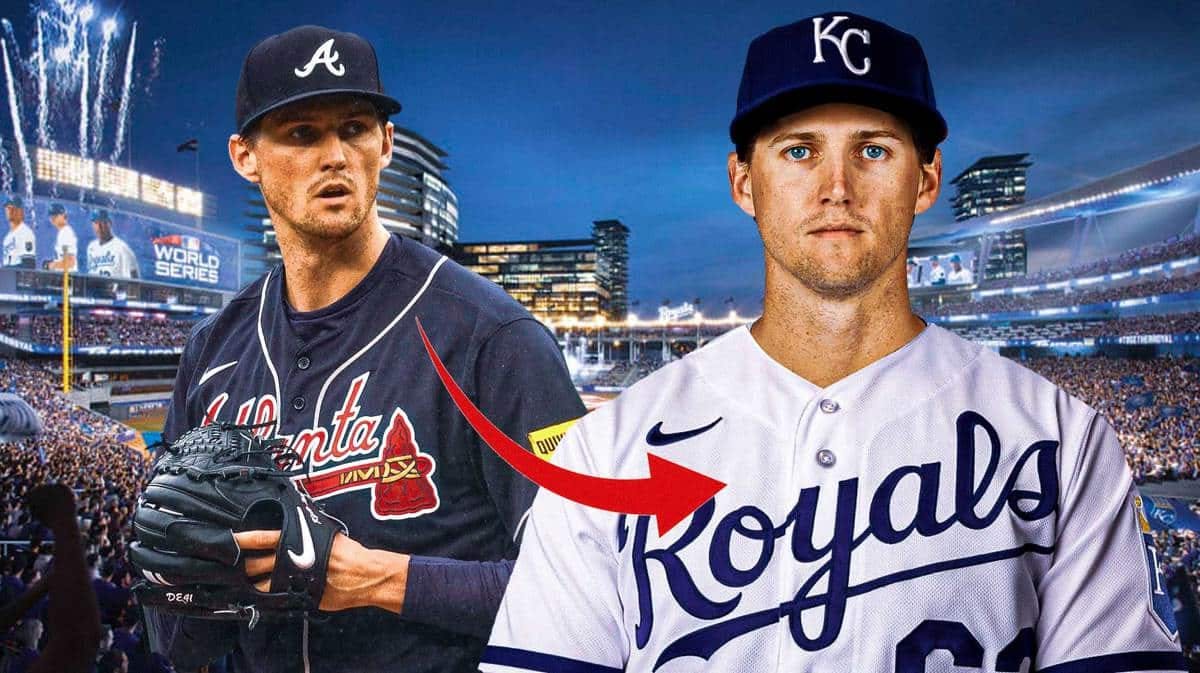 Kyle Wright in Braves jersey, arrow pointing to him in Royals jersey