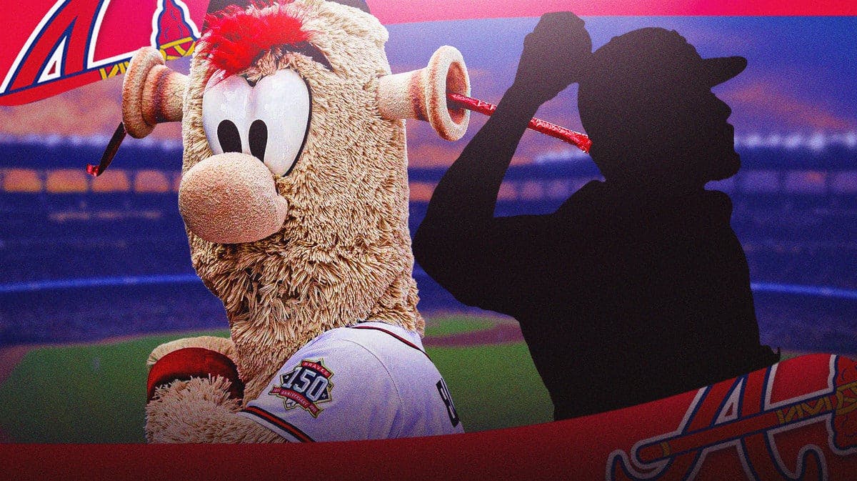 Atlanta Braves mascot with silhoutette of Brad Hand (pitcher)