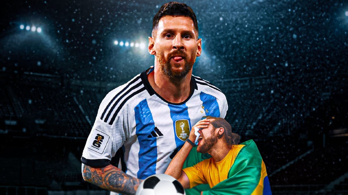 Lionel Messi as a giant looking at a smaller character, who has the Brazil flag over his head