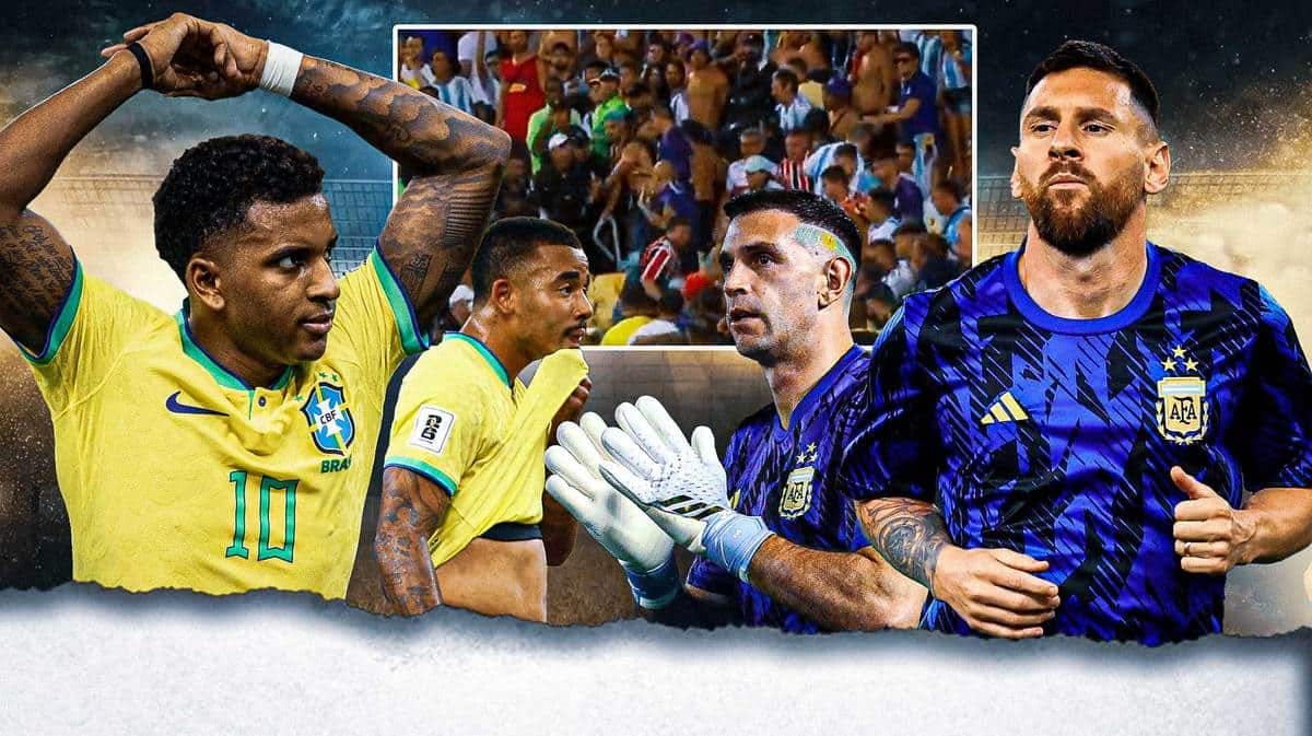 Lionel Messi, Emi Martinez in Argentina jerseys, Rodrygo, Gabriel Jesus in Brazil jerseys, all players looking serious, screenshot of this tweet video in the background at 2-second mark