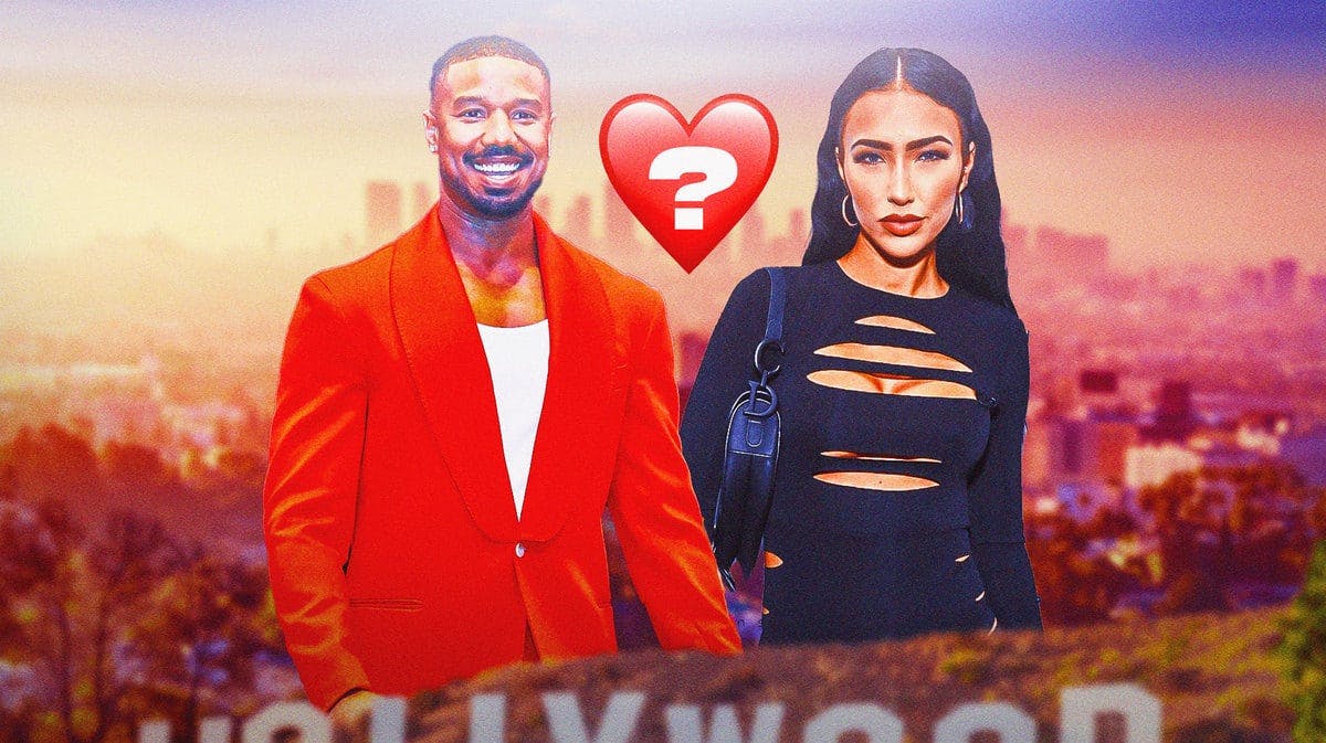 Selling Sunset's Bre Tiesi and actor Michael B. Jordan, with a heart that has a question mark on it between them, in front of Los Angeles scenery