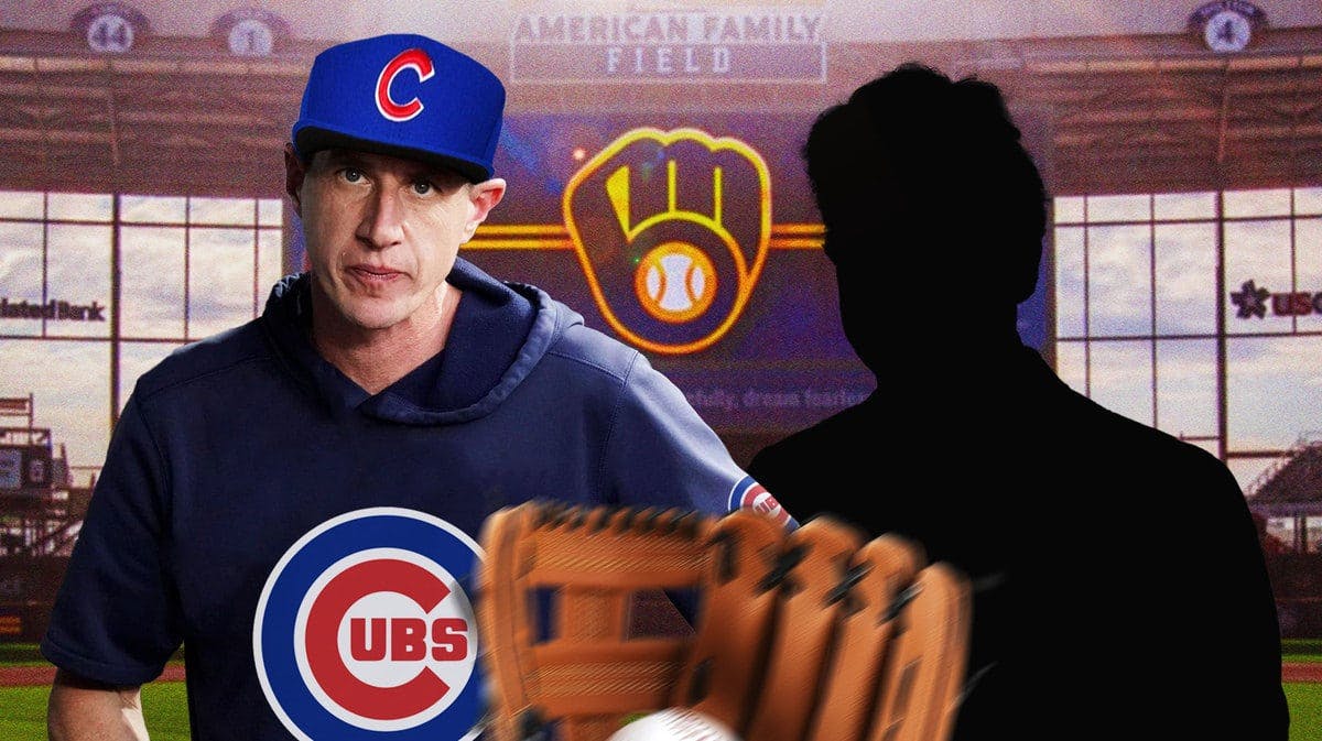 Craig Counsell with Cubs gear on, Mark Attanasio as a silhouette.