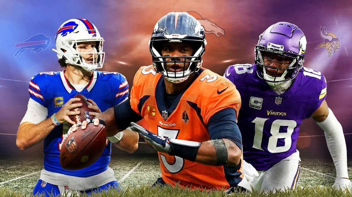 Denver Broncos QB Russell Wilson in middle of image, with Buffalo Bills QB Josh Allen on one side in background and Minnesota Vikings WR Justin Jefferson on the other side