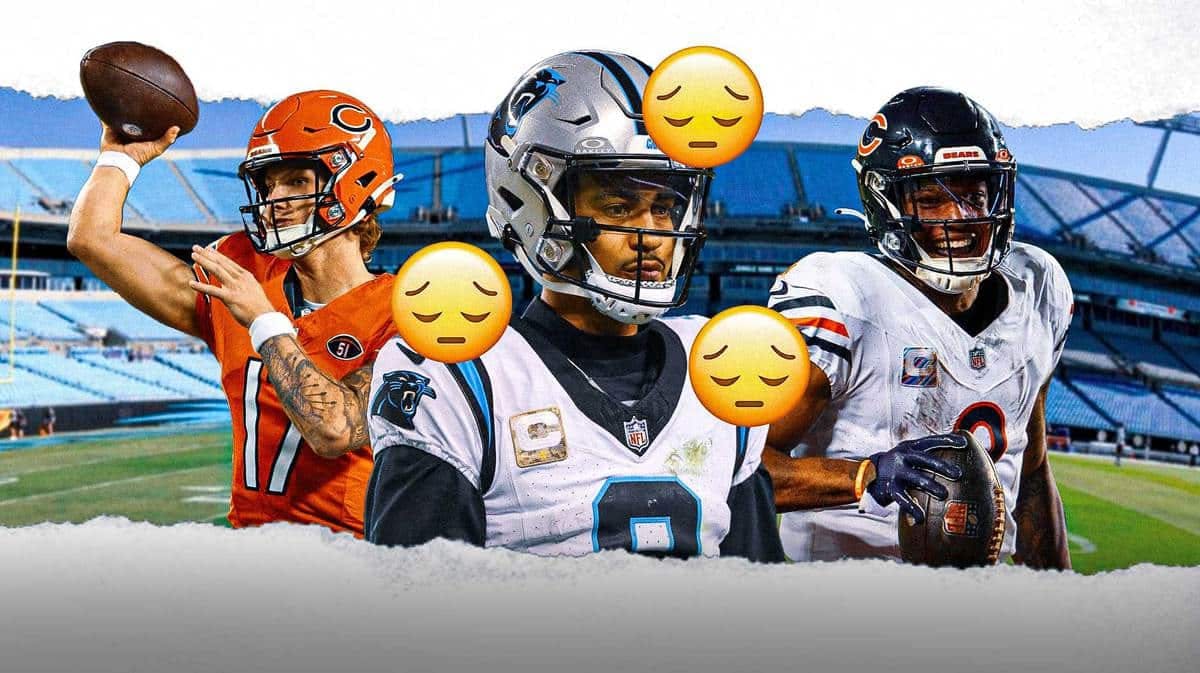 Panthers' Bryce Young with sad emojis all over him, with Bears' Tyson Bagent and DJ Moore hyped up