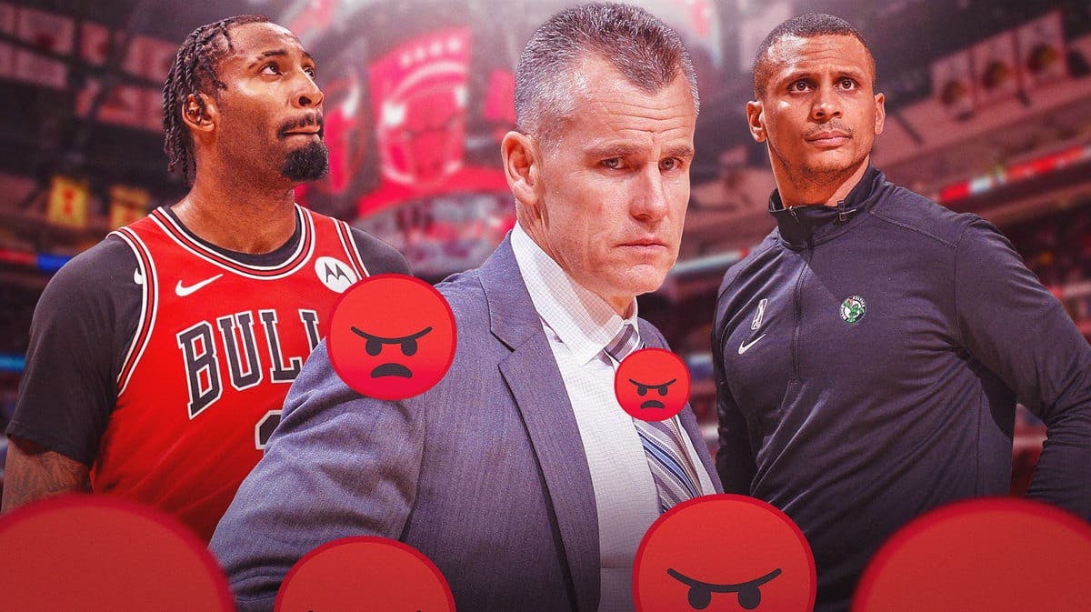 Billy Donovan with angry emojis all over him, with Bulls' Andre Drummond looking sad in the middle, with Celtics' Joe Mazzulla on the right, looking serious