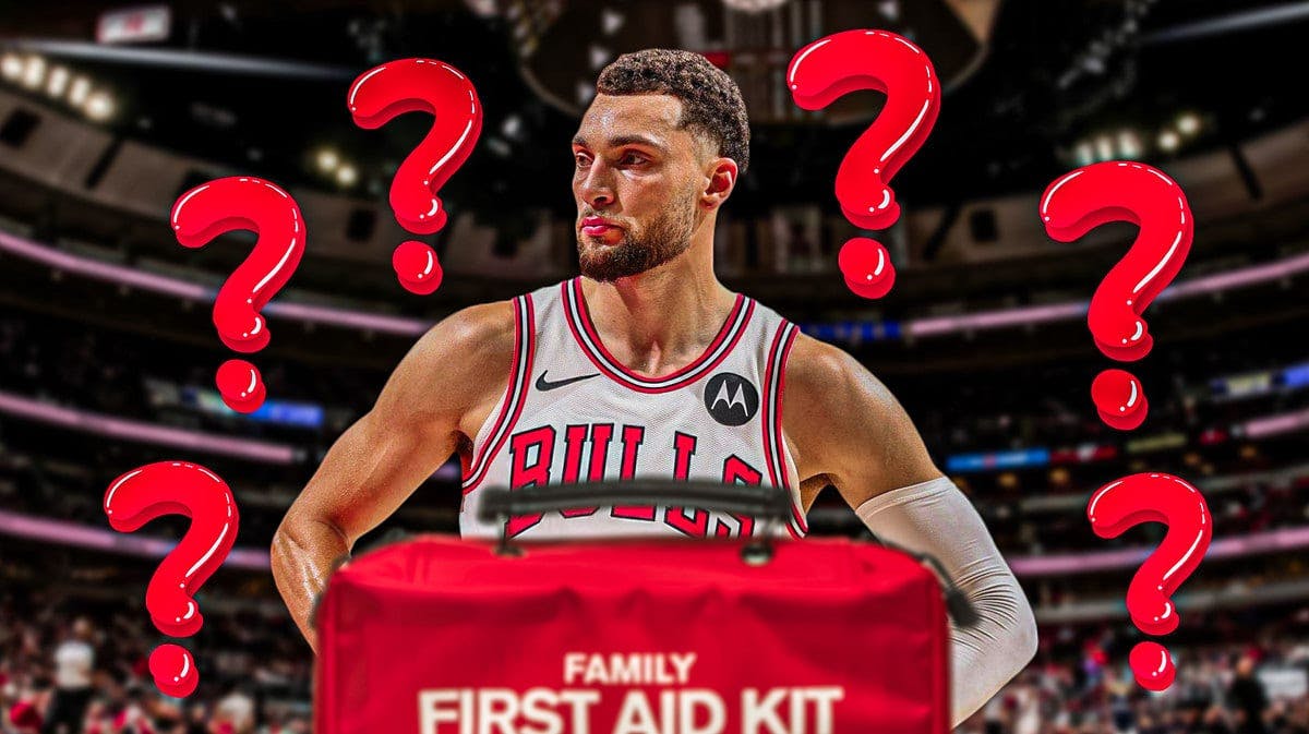 Bulls' Zach LaVine with question marks and red medical bag