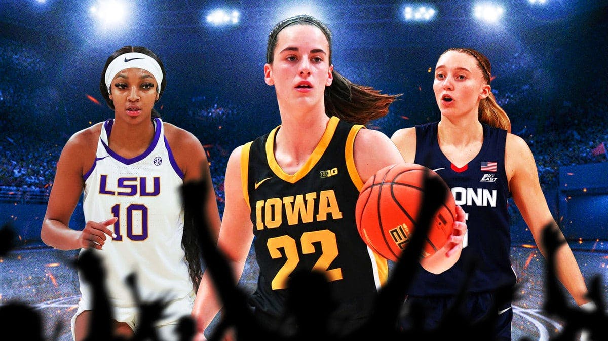 Iowa women’s basketball player Caitlin Clark in the center, with UConn women’s basketball player Paige Bueckers on the left and LSU women’s basketball player Angel Reese on the right