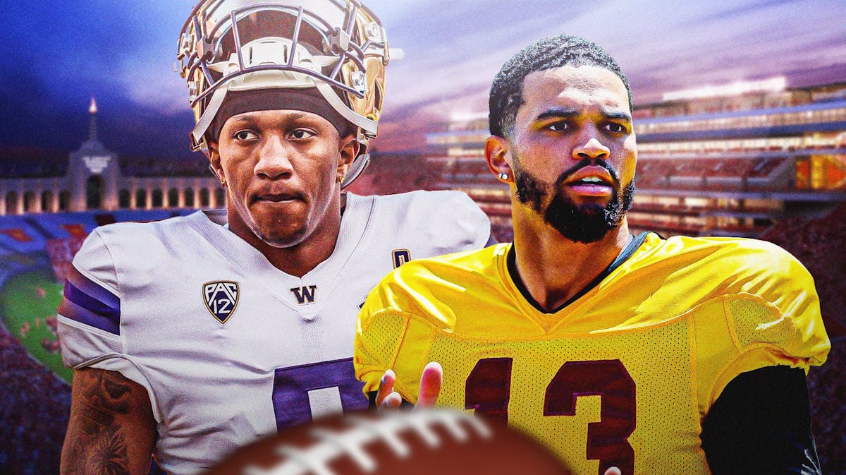 USC football, USC football week 10 predictions, Trojans, Washington football, Caleb Williams, Caleb Williams (in USC uni) and Michael Penix Jr (in Washington uni) with USC football stadium in the background