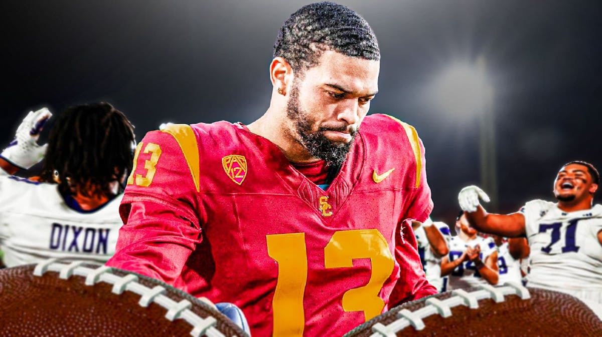 USC's Caleb Williams looks somber as Washington football players celebrate behind him.