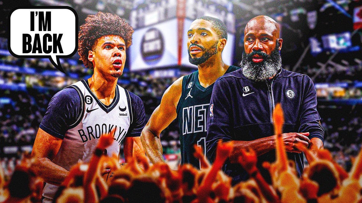Nets' Cam Johnson saying "I'm back" next to Mikal Bridges and Jacque Vaughn