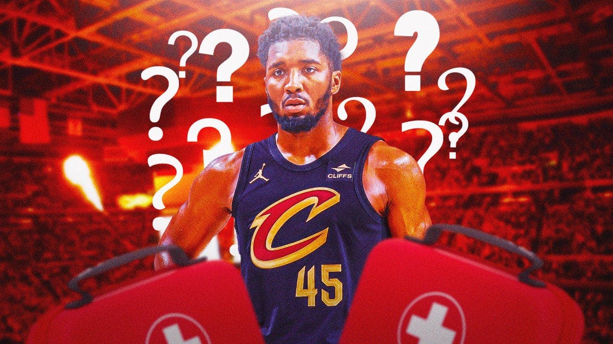 Cavs Donovan Mitchell with question marks and red medical bag