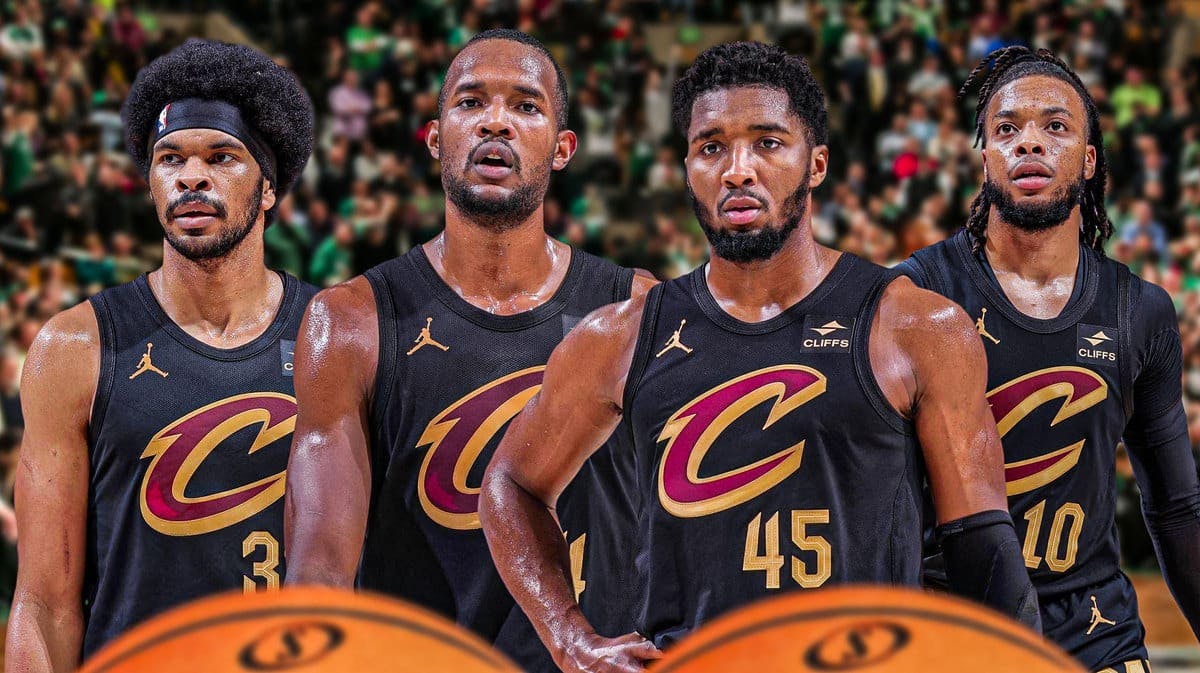 Jarrett Allen on the left with question marks all over him, with Cavs' Evan Mobley, Donovan Mitchell, and Darius Garland looking at Allen