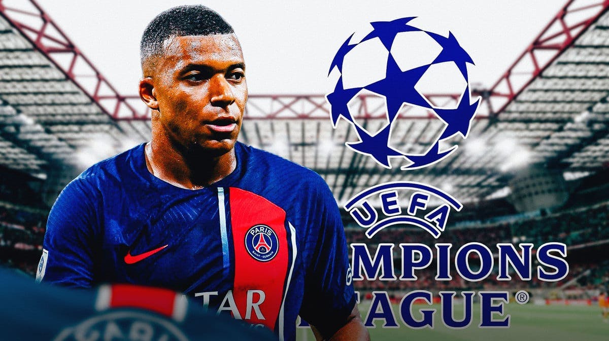 Kylian Mbappe in front of the Champions League logo PSG