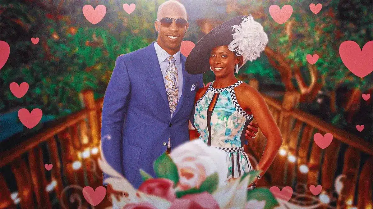 Portland Trail Blazers coach Chauncey Billups and wife Piper Billups surrounded by hearts.