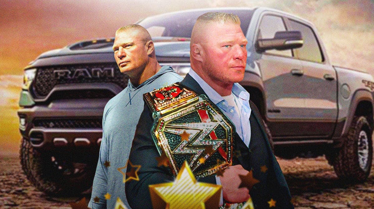 Brock Lesnar in front of a pickup from his car collection.