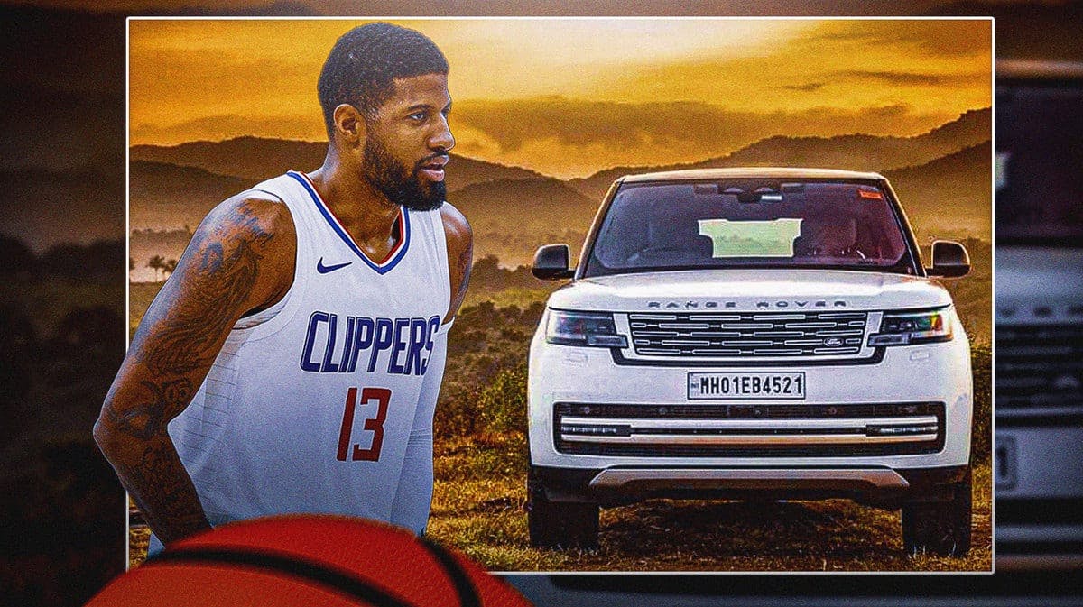 The Los Angeles Clippers' Paul George next to an SUV from George's car collection.