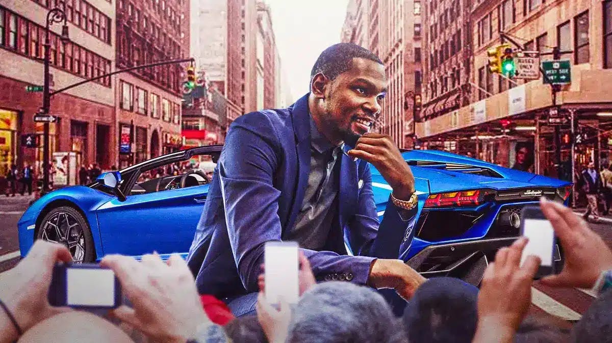 Kevin Durant in front of a Lamborghini.