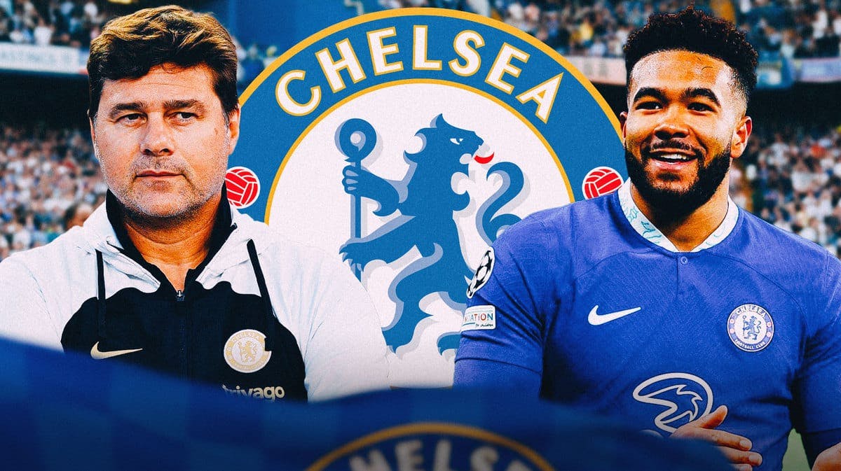 Mauricio Pochettino and Reece James in front of the Chelsea logo