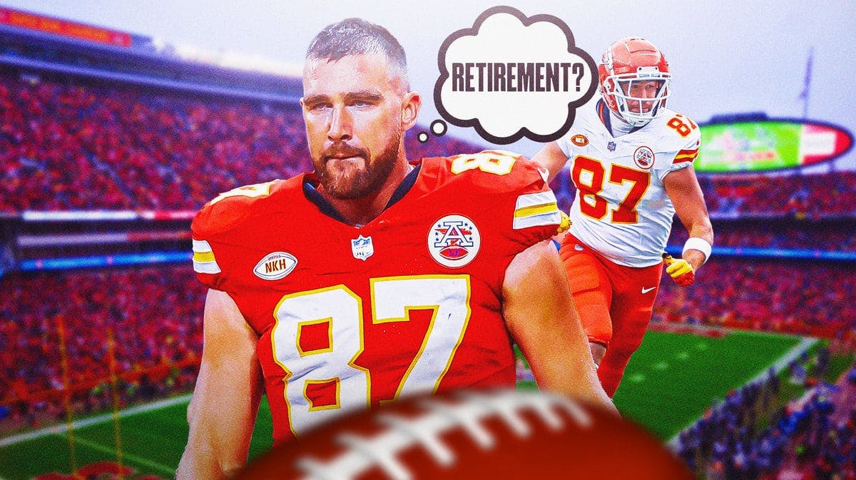 Travis Kelce with a though bubble saying "Retirement?"