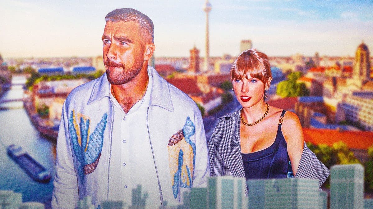 Need Chiefs' Travis Kelce and Taylor Swift both in image. Place the country of Germany in background.
