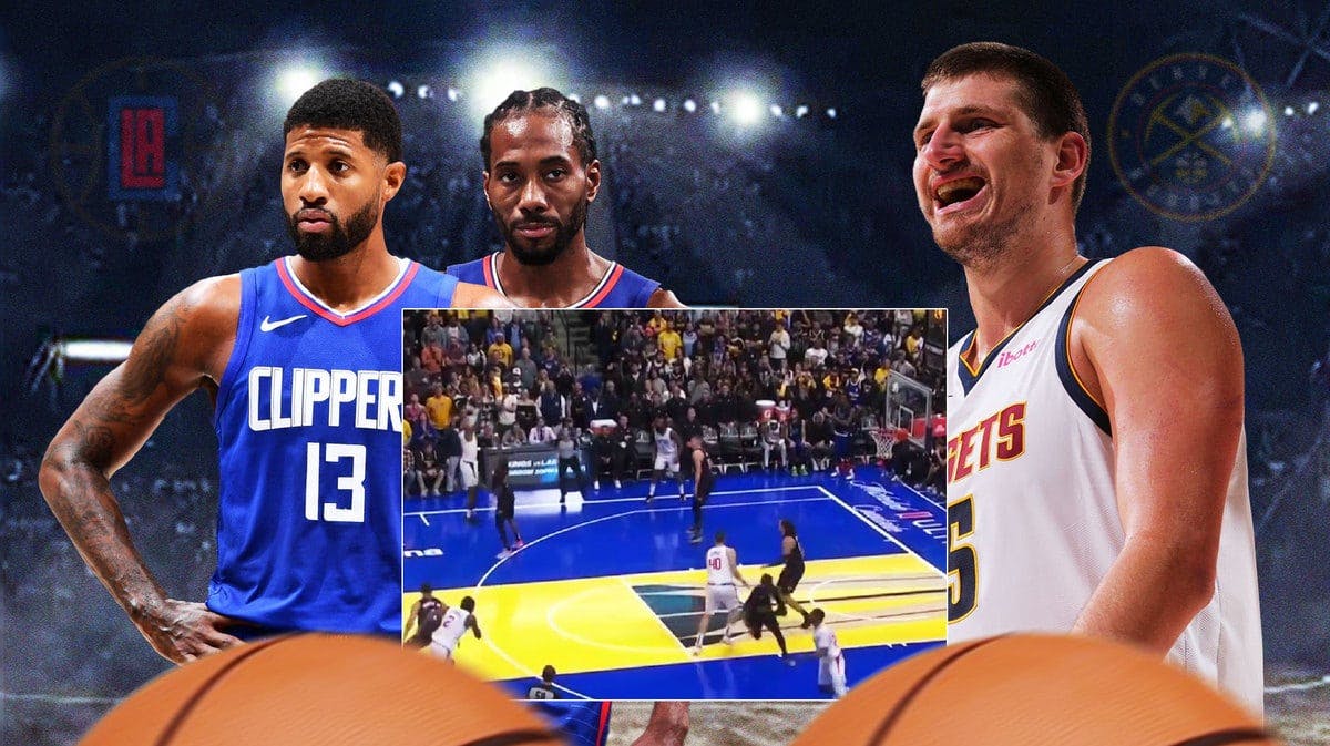 Clippers' Paul George, Kawhi Leonard looking frustrated, with screenshot of George’s shot with a laughing Nuggets' Nikola Jokic on the right
