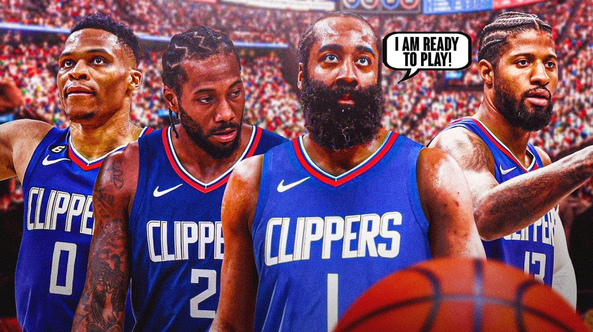 James Harden saying "I am ready to play" in Clippers uniform alongside Kawhi Leonard, Paul George and Russell Westbrook