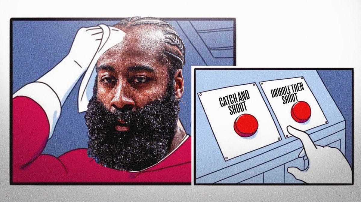 Clippers' James Harden in the two buttons meme, with caption on the buttons: “CATCH AND SHOOT” and “DRIBBLE THEN SHOOT” trade
