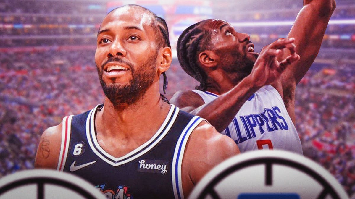Clippers' Kawhi Leonard being fouled, with a picture of Leonard smiling beside the pic of him being fouled