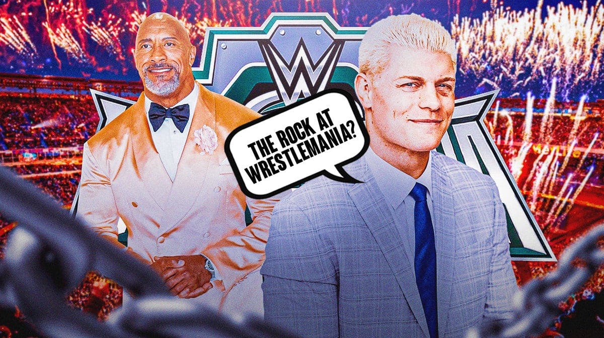 Cody Rhodes with a text bubble reading “The Rock at WrestleMania?” next to Dwayne “The Rock” Johnson with the WrestleMania 40 logo as the background.