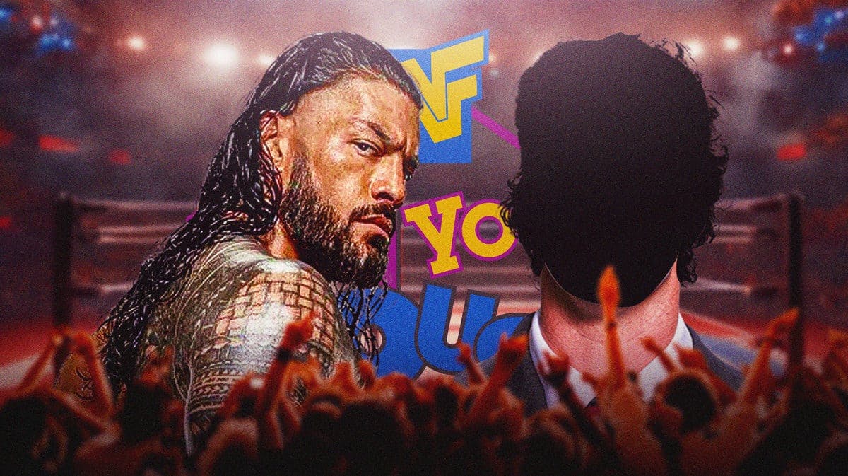 Roman Reigns next to Declan McMahon with his face blacked out with the WWF In Your House 27: St. Valentine's Day Massacre graphic as the background.