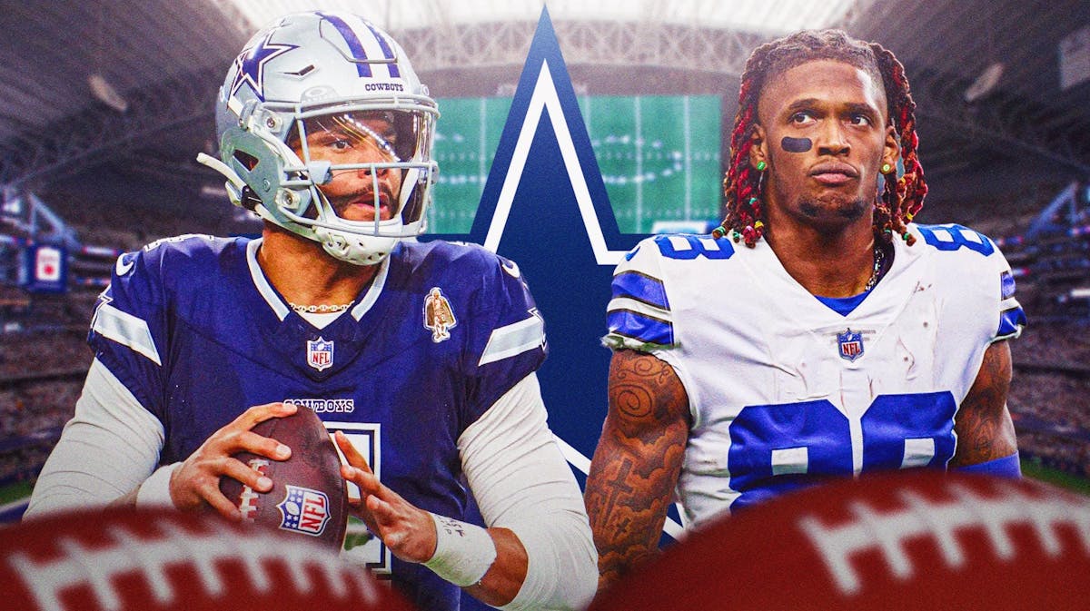 Dak Prescott and CeeDee Lamb with the Cowboys logo in the background