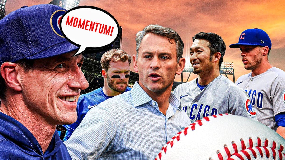 Craig Counsell in Cubs jersey coaching saying “Momentum!”, have Jed Hoyer, Seiya Suzuki, Nico Hoerner, Ian Happ in background, Wrigley Field as silhouette