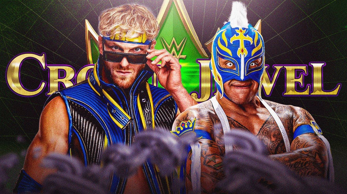Logan Paul and Rey Mysterio in front of the WWE Crown Jewel logo.